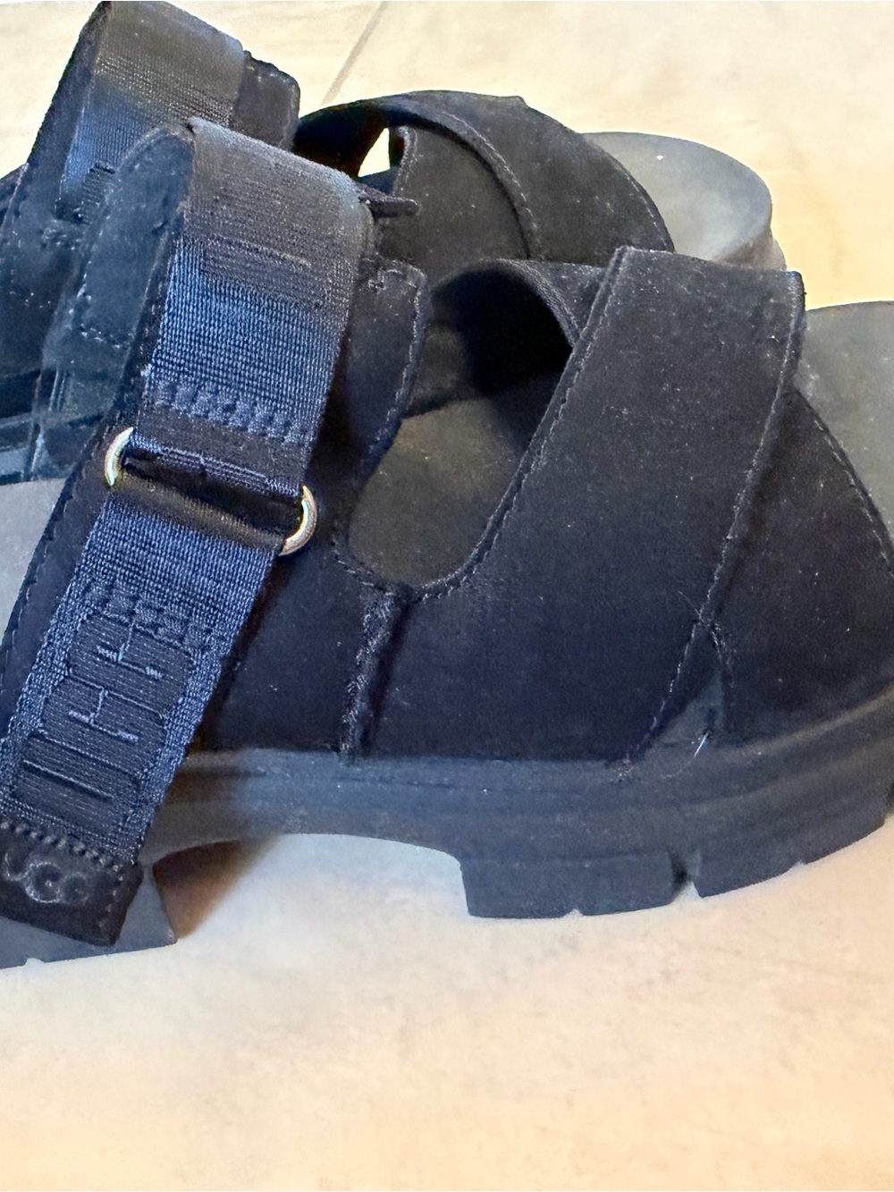 UGG Black Suede Platform Slide Sandals